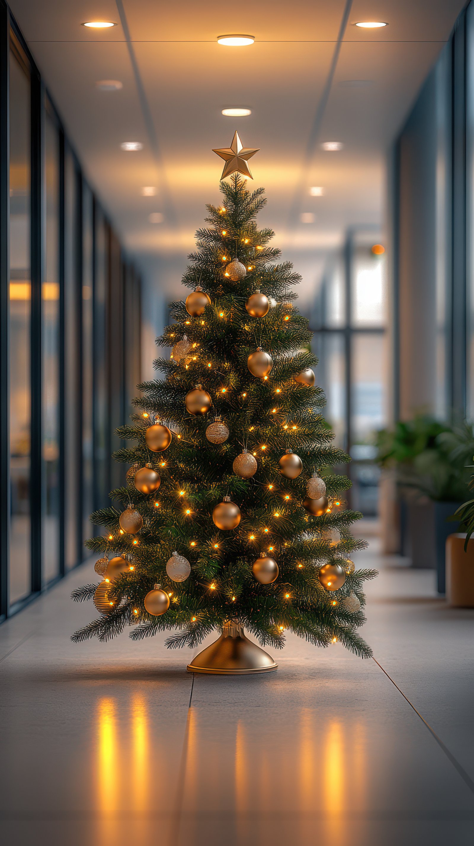 Holiday decorations with a beautifully lit Christmas tree in a modern office hallway during the festive season